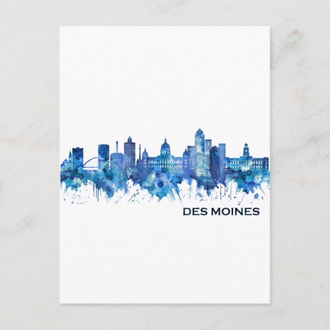 Des Moines Iowa Skyline Blue Feiertagspostkarte (Vorderseite)