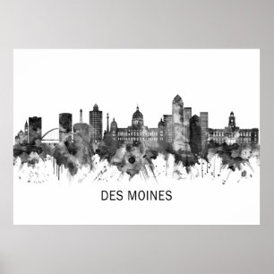 Des Moines Iowa Skyline BW Poster