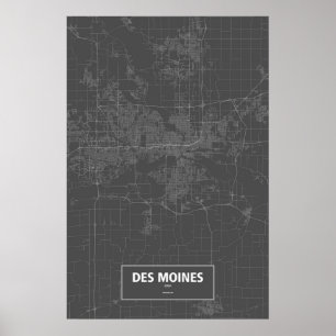 Des Moines, Iowa (weiß auf Schwarzem) Poster