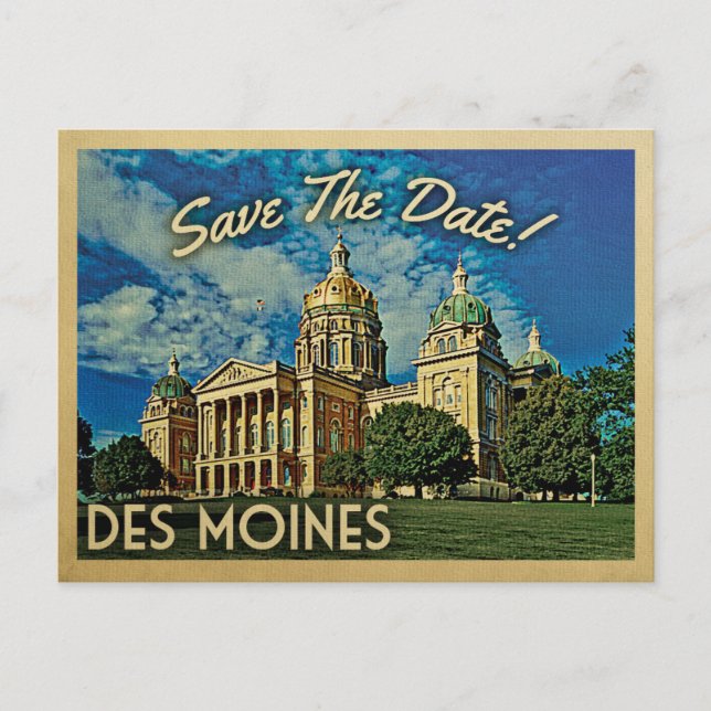 Des Moines Save the Date Iowa Ankündigungspostkarte (Vorderseite)