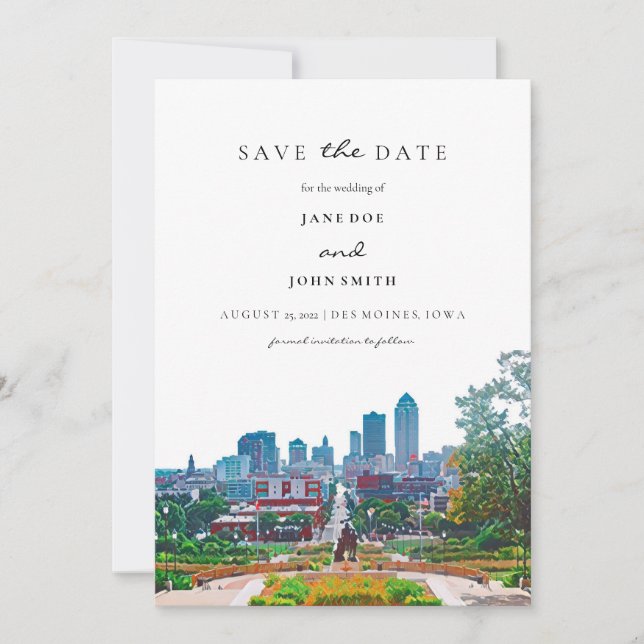 Des Moines Skyline Save the Date Karte (Vorderseite)