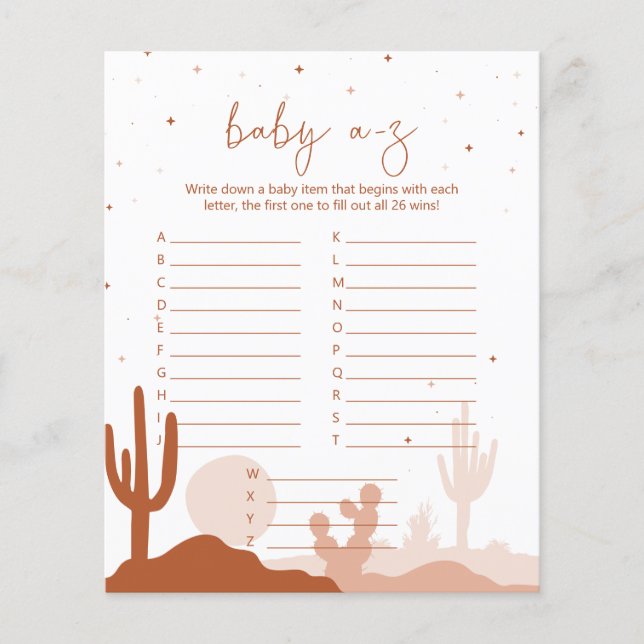 Desert Baby Shower A-Z Game Card (Vorderseite)