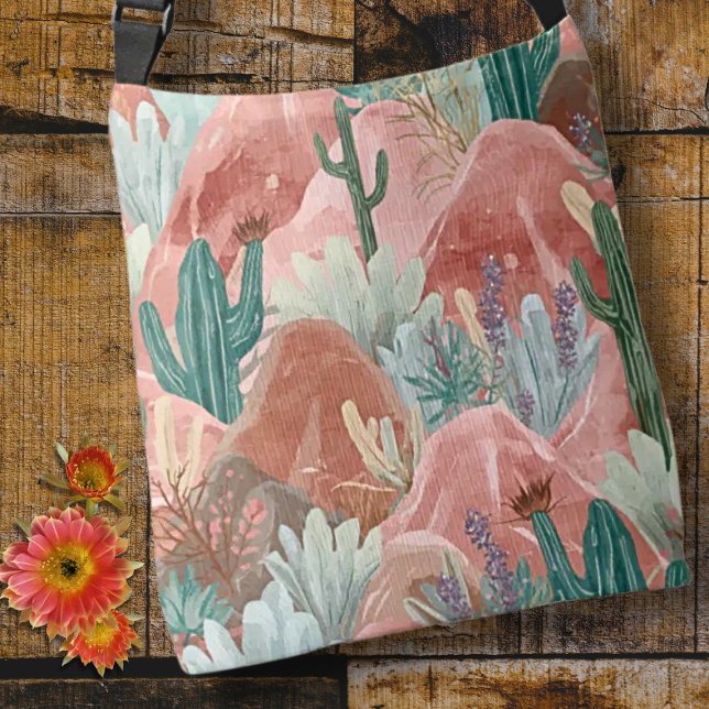 Desert Bloom Sunset with Cactus Garden Tragetaschen Mit Langen Trägern (Desert bloom tote with pink canyons, watercolor cacti, and soft boho southwest charm.)