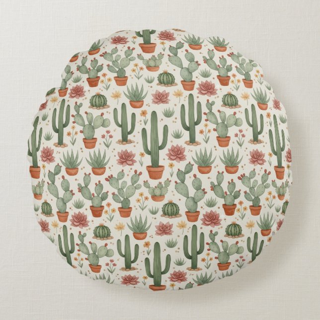 Desert Cacti Succulent Seamless Pattern Rundes Kissen (Vorderseite)