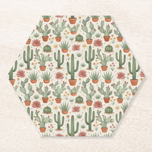 Desert Cacti Succulent Seamless Pattern Untersetzer (Vorderseite)