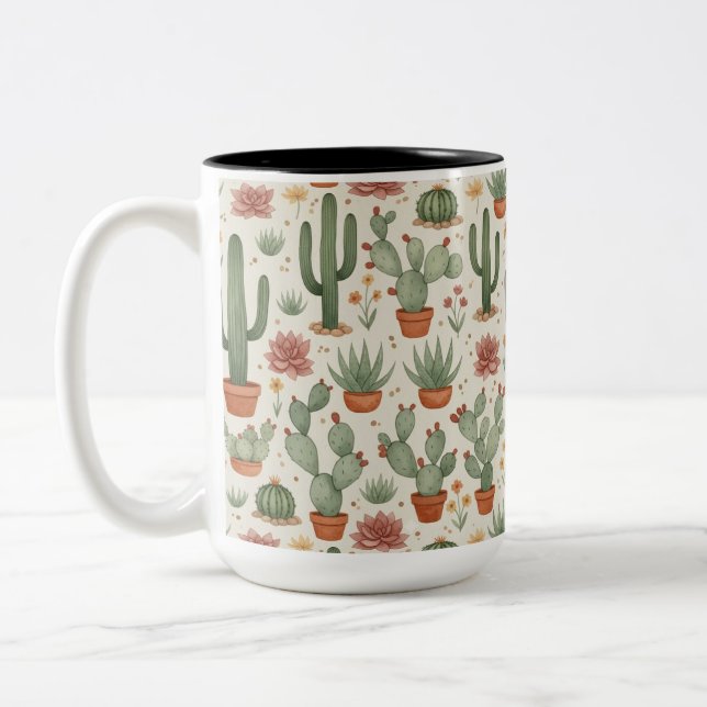 Desert Cacti Succulent Seamless Pattern Zweifarbige Tasse (Links)
