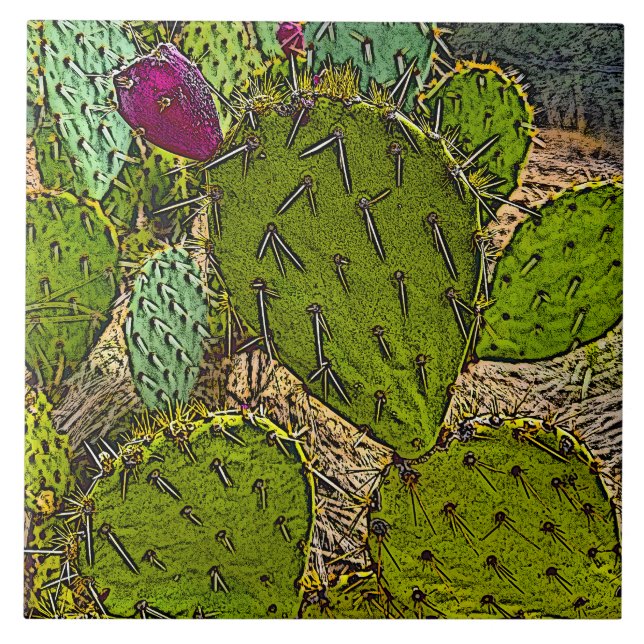 Desert Cactus Prickly Pear Decorative Digital Art Fliese (Vorderseite)