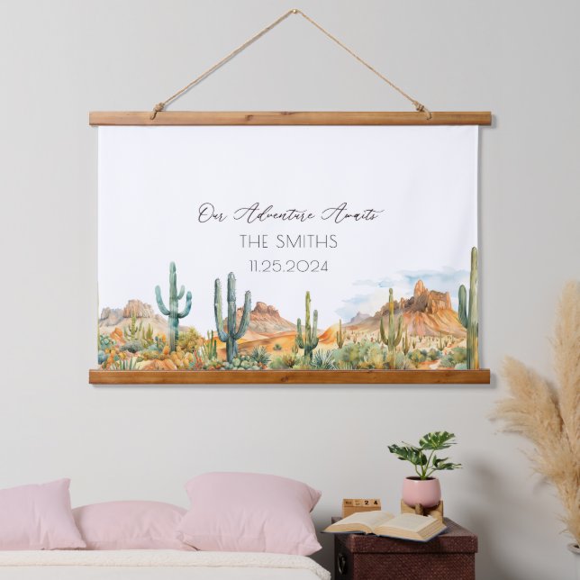 Desert Cactus Wedding Guest Book Wandteppich Mit Holzrahmen (Schlafzimmer)