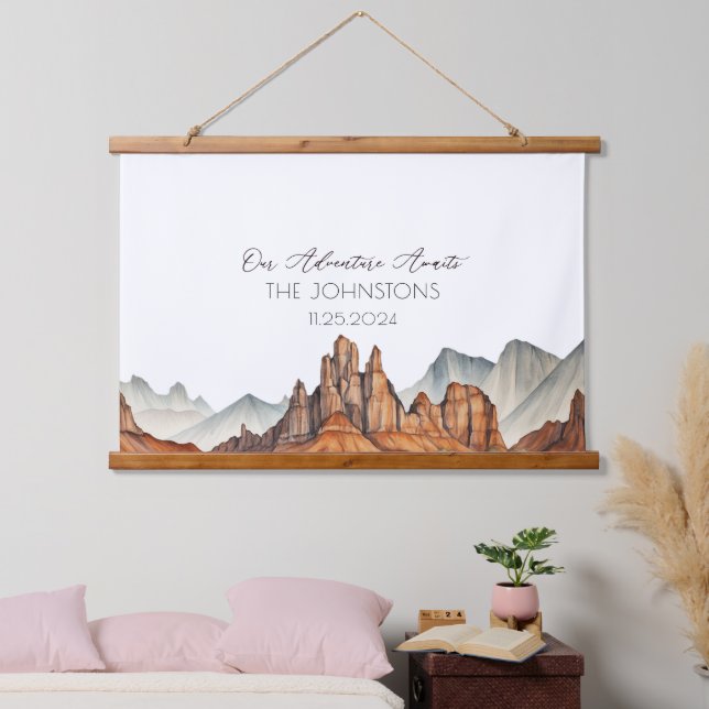 Desert Canyon Unique Watercolor Wedding Gästebuch Wandteppich Mit Holzrahmen (Schlafzimmer)