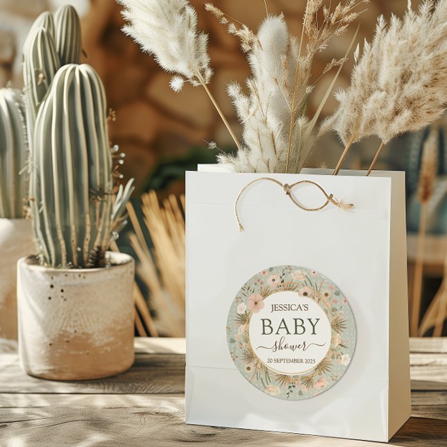 Desert Chic Baby Dusche Runder Aufkleber (Let us take the prickles out of your baby shower planning with this “sand-tastic” desert chic theme.)