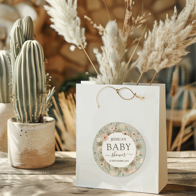 Desert Chic Baby Dusche Runder Aufkleber (Let us take the prickles out of your baby shower planning with this “sand-tastic” desert chic theme.)