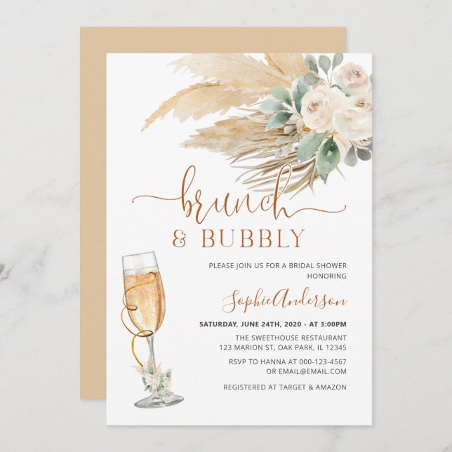 Desert Greenery Boho Pampas Grass Brunch & Bubbly Einladung (Vorne/Hinten)