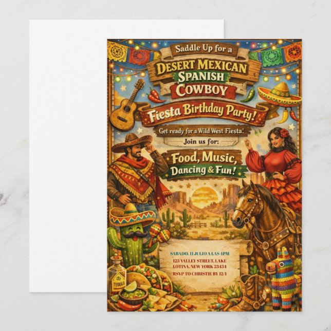 Desert Mexican Spanish Cowboy Fiesta Birthday  Einladung (Vorne/Hinten)