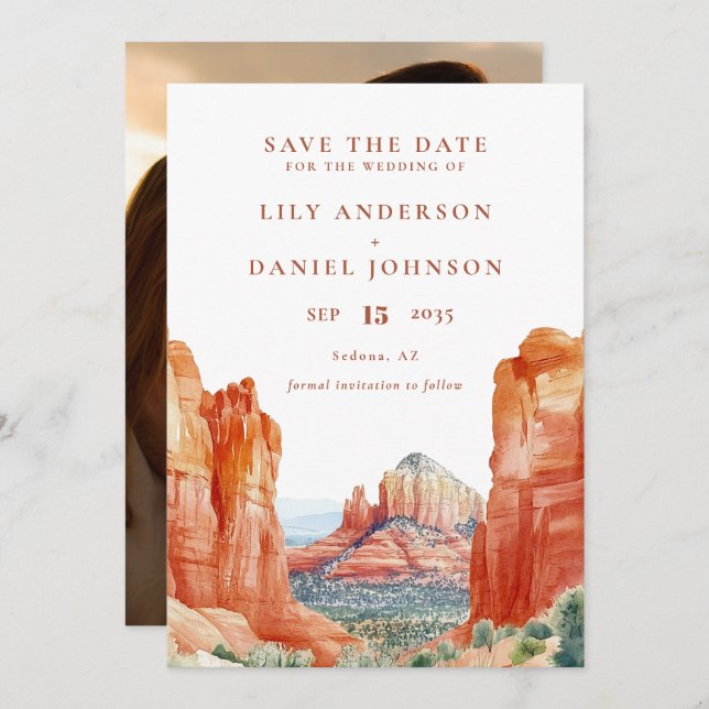 Desert Mountain Watercolor Photo Wedding Save The Date (Vorne/Hinten)