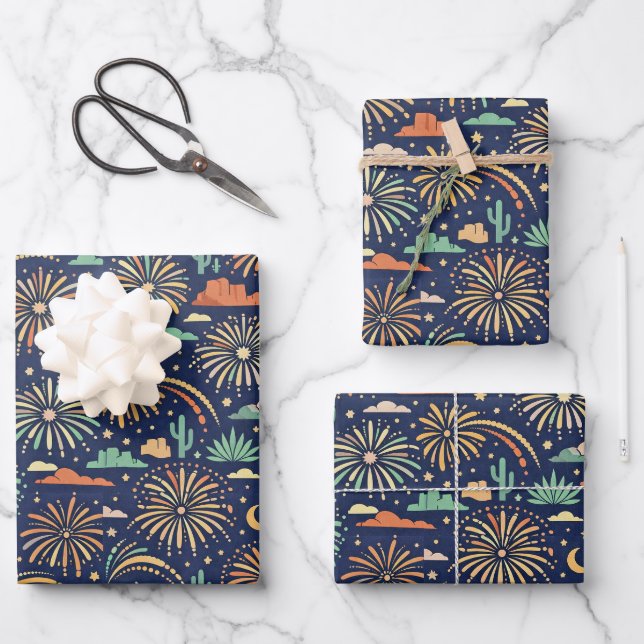 Desert Night Fireworks Celebration Pattern Geschenkpapier Set (Vorderseite)