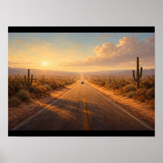 Desert road with a single car far away poster (Vorne)