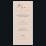 Desert Rose – Minimalist Wedding Menu Card Menükarte<br><div class="desc">This elegant minimalist wedding menu card features refined typography and a soft blush background for a timeless and sophisticated reception table setting. The clean layout highlights each course while maintaining a modern and understated design that complements contemporary wedding stationery suites. Perfect for romantic, neutral, desert, or minimalist weddings, this reception...</div>