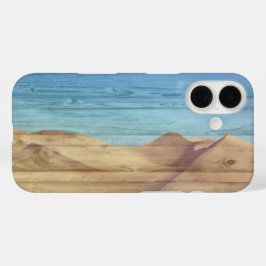 Desert Sand Dunes Beautiful Blue Sky On Wood Grain iPhone 16 Hülle