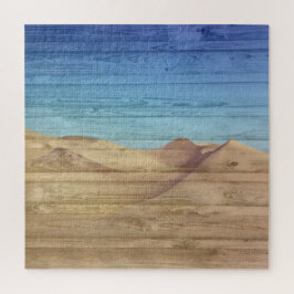 Desert Sand Dunes Beautiful Blue Sky On Wood Grain Puzzle