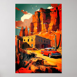 Desert Scene Poster with Vintage Car