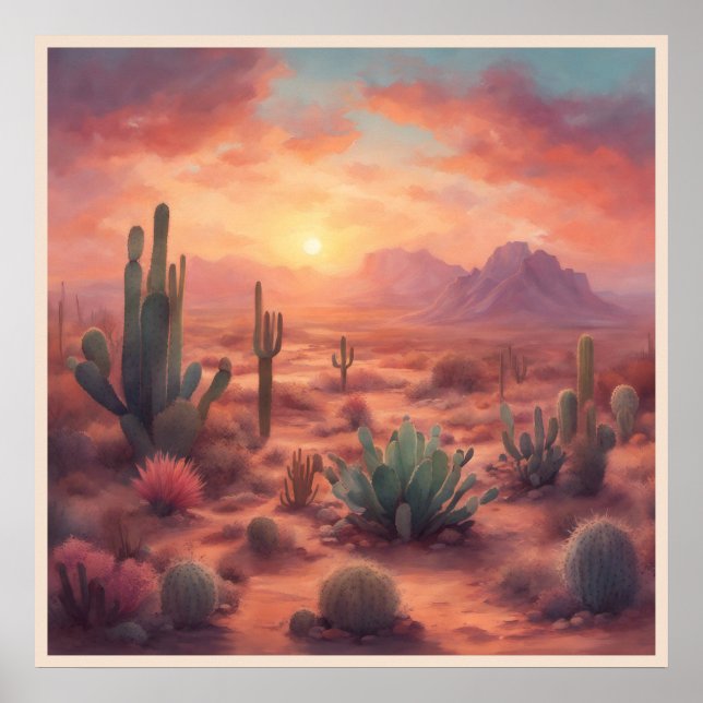 Desert Sequoia Cactus Colorful Sunrise Art Poster (Vorne)