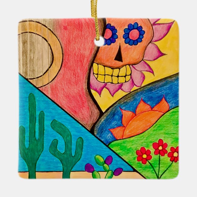 Desert Skull Christmas Cactus Folk Art Keramikornament (Vorderseite)