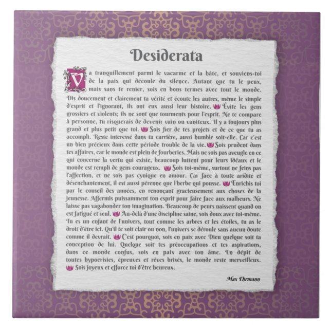 Desiderata - Choses désirées - poème Fliese (Vorderseite)