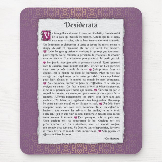 Desiderata - Choses désirées - poème Mousepad (Vorne)