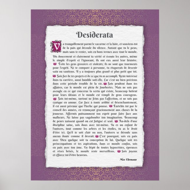 Desiderata - Choses désirées - poème Poster (Vorne)