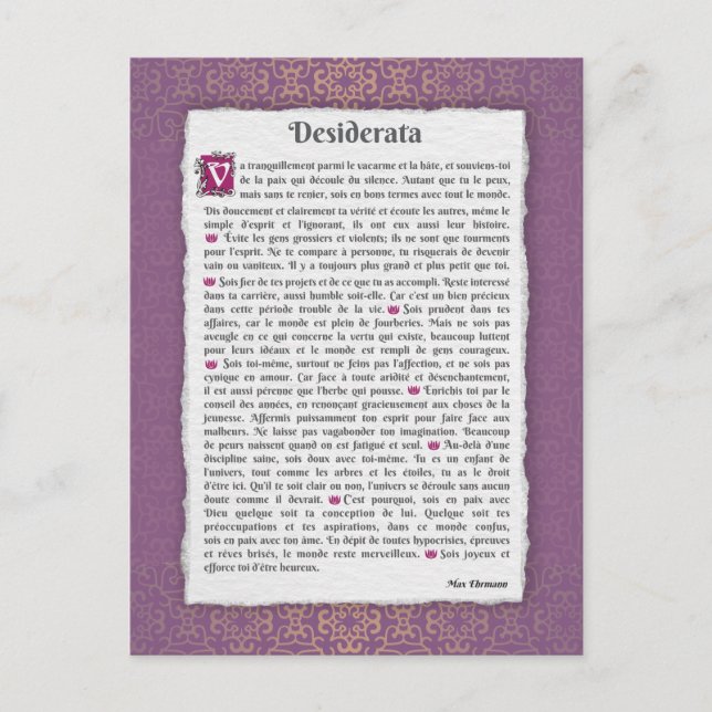 Desiderata - Choses désirées - poème Postkarte (Vorderseite)