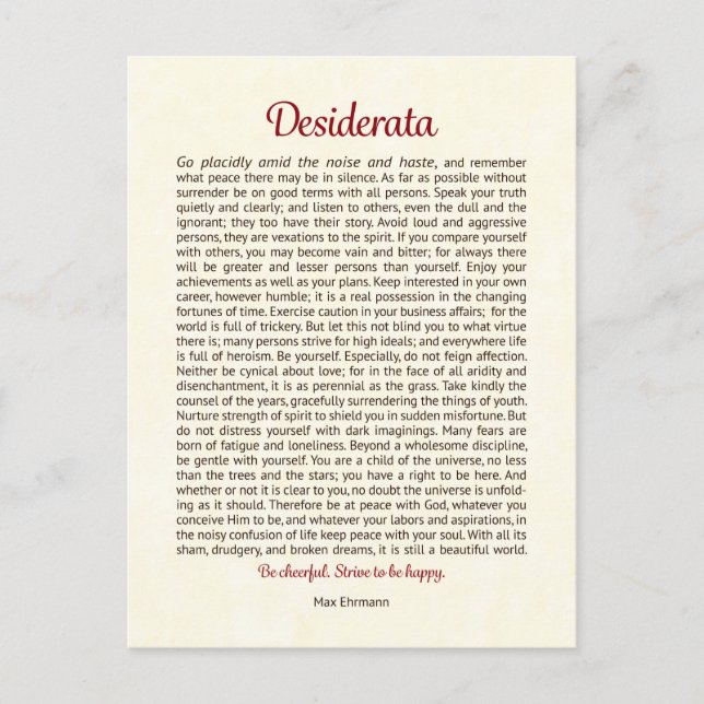 Desiderata-Postkarte | Desiderata-Mini-Kunst Postkarte (Vorderseite)