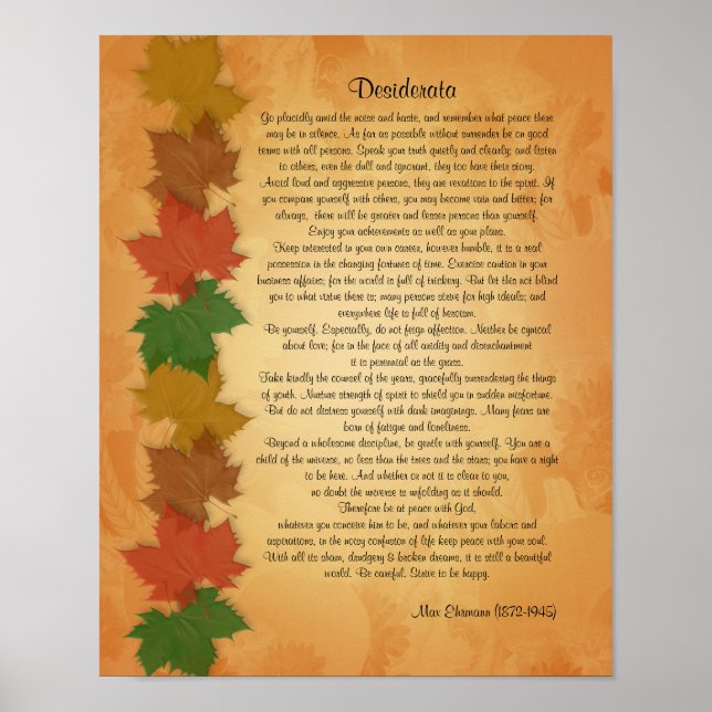 Desiderata Prosa auf Herbstlaub Hintergrund Poster (Vorne)