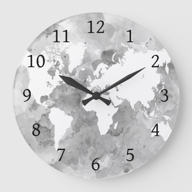 Design 49 Graue Weltkarte Große Wanduhr (Vorderseite)
