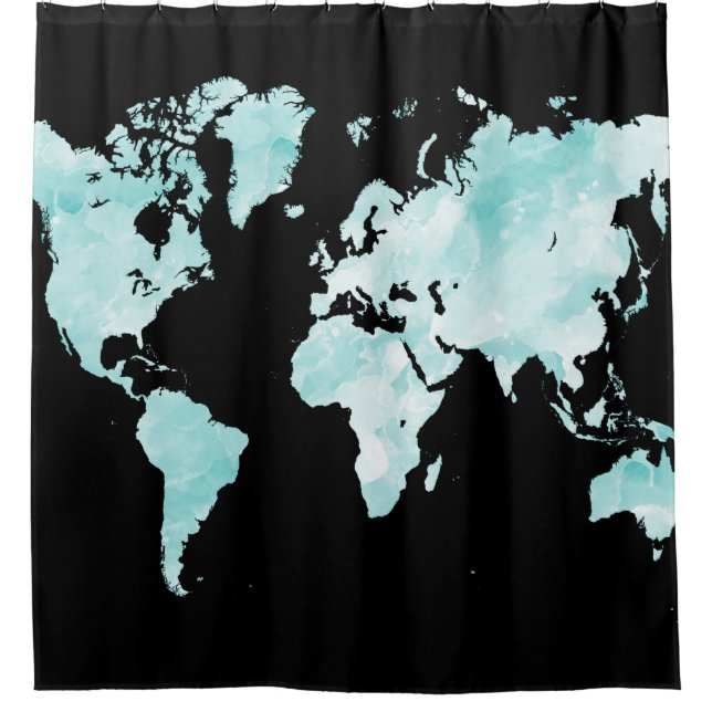 Design 72 Schwarz Aqua Blue World Map Duschvorhang (Vorderseite)