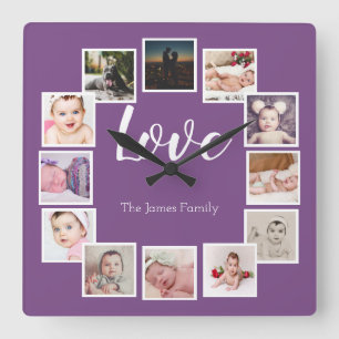 Design a 12 Photo Collage Personalized Purple Quadratische Wanduhr