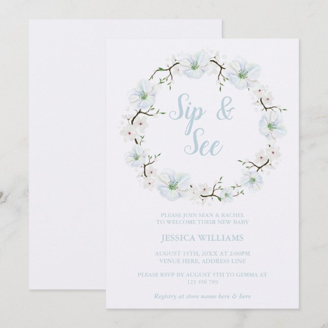 Design Apple Blume Wreath Sip & See Einladung (Vorne/Hinten)