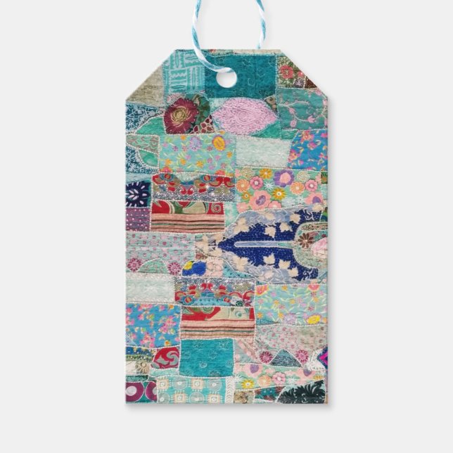Design der Aqua- und Blue-Quilt-Tapisserie Geschenkanhänger (Vorderseite)
