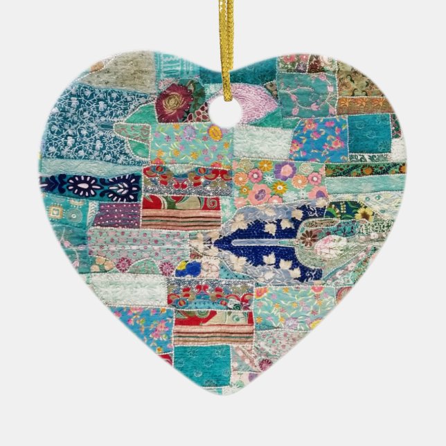 Design der Aqua- und Blue-Quilt-Tapisserie Keramik Ornament (Vorne)
