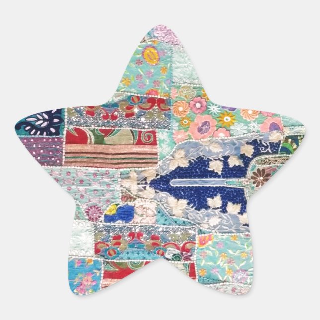 Design der Aqua- und Blue-Quilt-Tapisserie Stern-Aufkleber (Vorderseite)