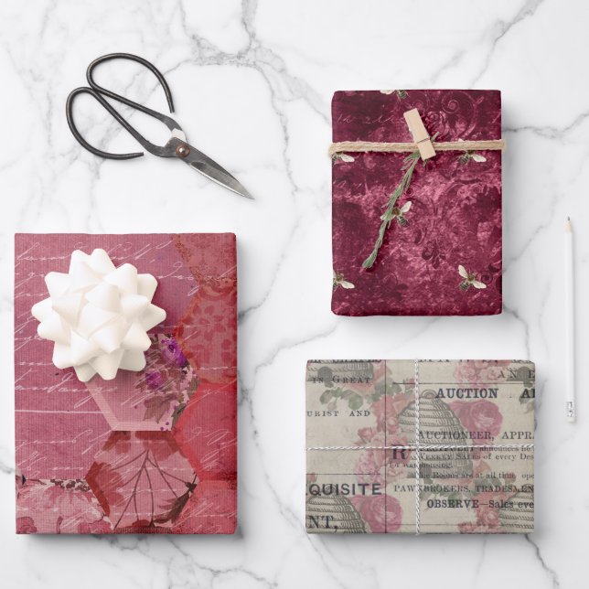 Design der Bienenreihe Burgund 5 Geschenkpapier Set (Vorderseite)