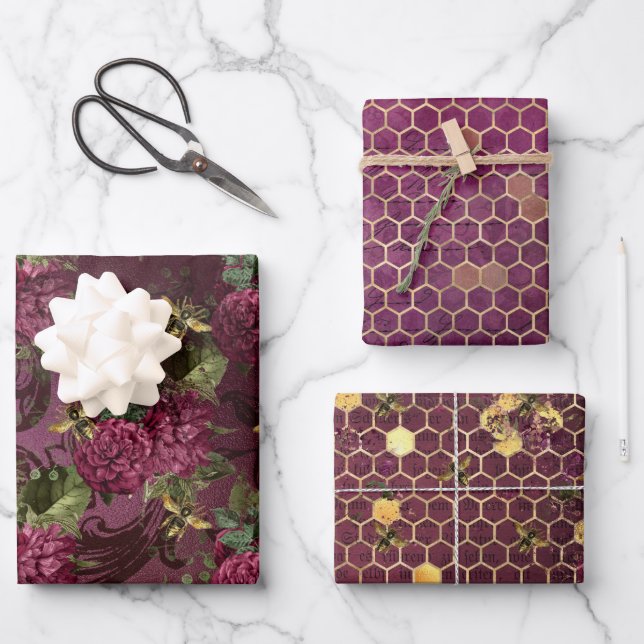 Design der Bienenreihe Burgund One Geschenkpapier Set (Vorderseite)