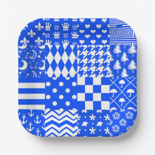 Design der blau-weißen gemischten Muster Pappteller
