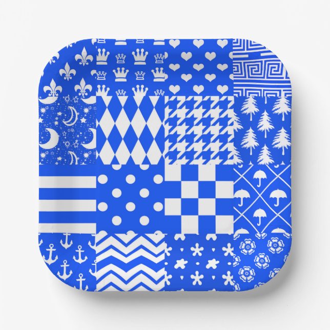 Design der blau-weißen gemischten Muster Pappteller (Vorderseite)