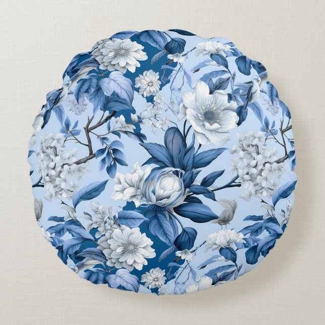 Design der Blue and White Chinoserie Series 3 Rundes Kissen (Vorderseite)