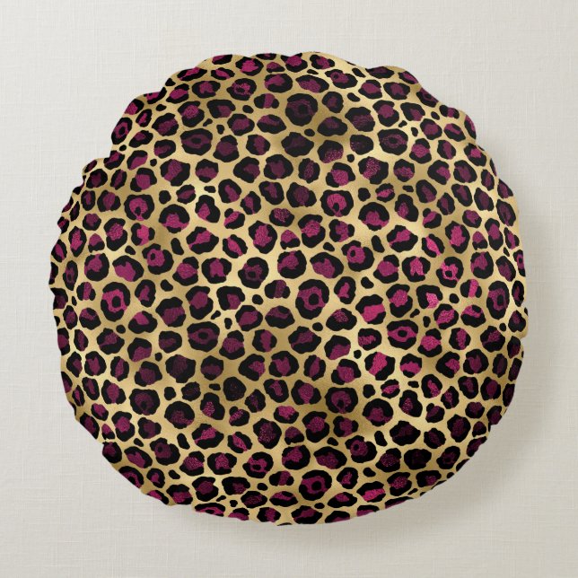 Design der Burgundy- und Gold Leopard-Serie 2 Rundes Kissen (Vorderseite)