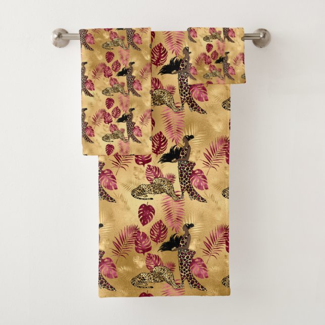 Design der Burgundy- und Gold Leopard-Serie 4 Badhandtuch Set (Insitu)