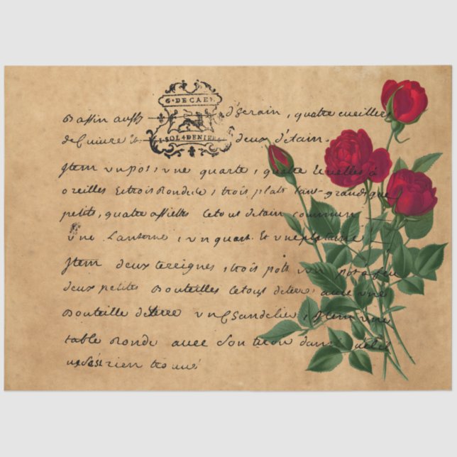 Design der französischen Handschrift und Rote Rose Seidenpapier (Vorderseite)