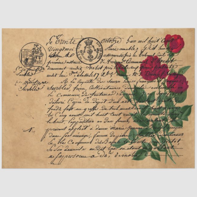 Design der französischen Handschrift und Rote Rose Seidenpapier (Vorderseite)