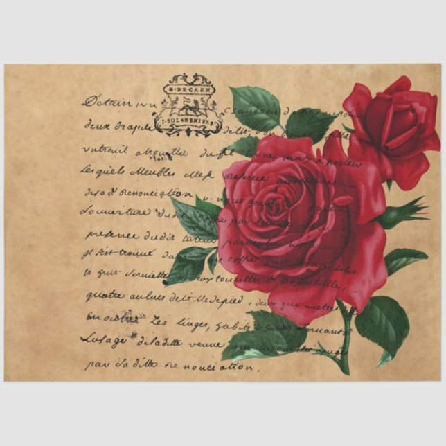 Design der französischen Handschrift und Rote Rose Seidenpapier (Vorderseite)
