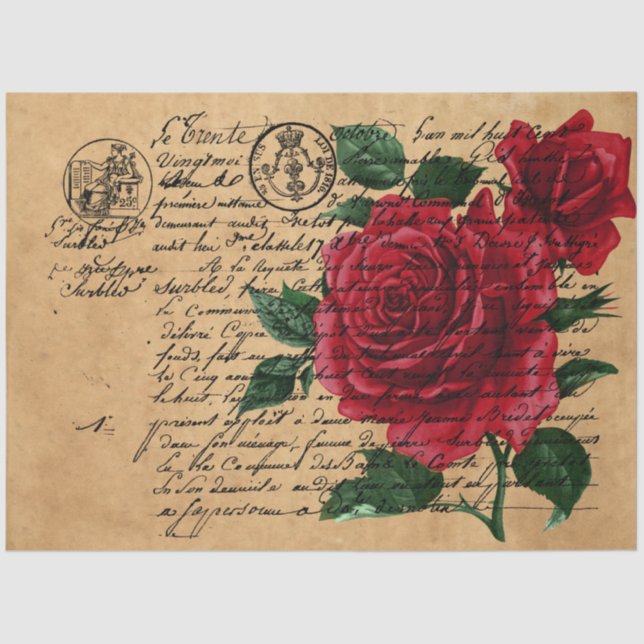 Design der französischen Handschrift und Rote Rose Seidenpapier (Vorderseite)
